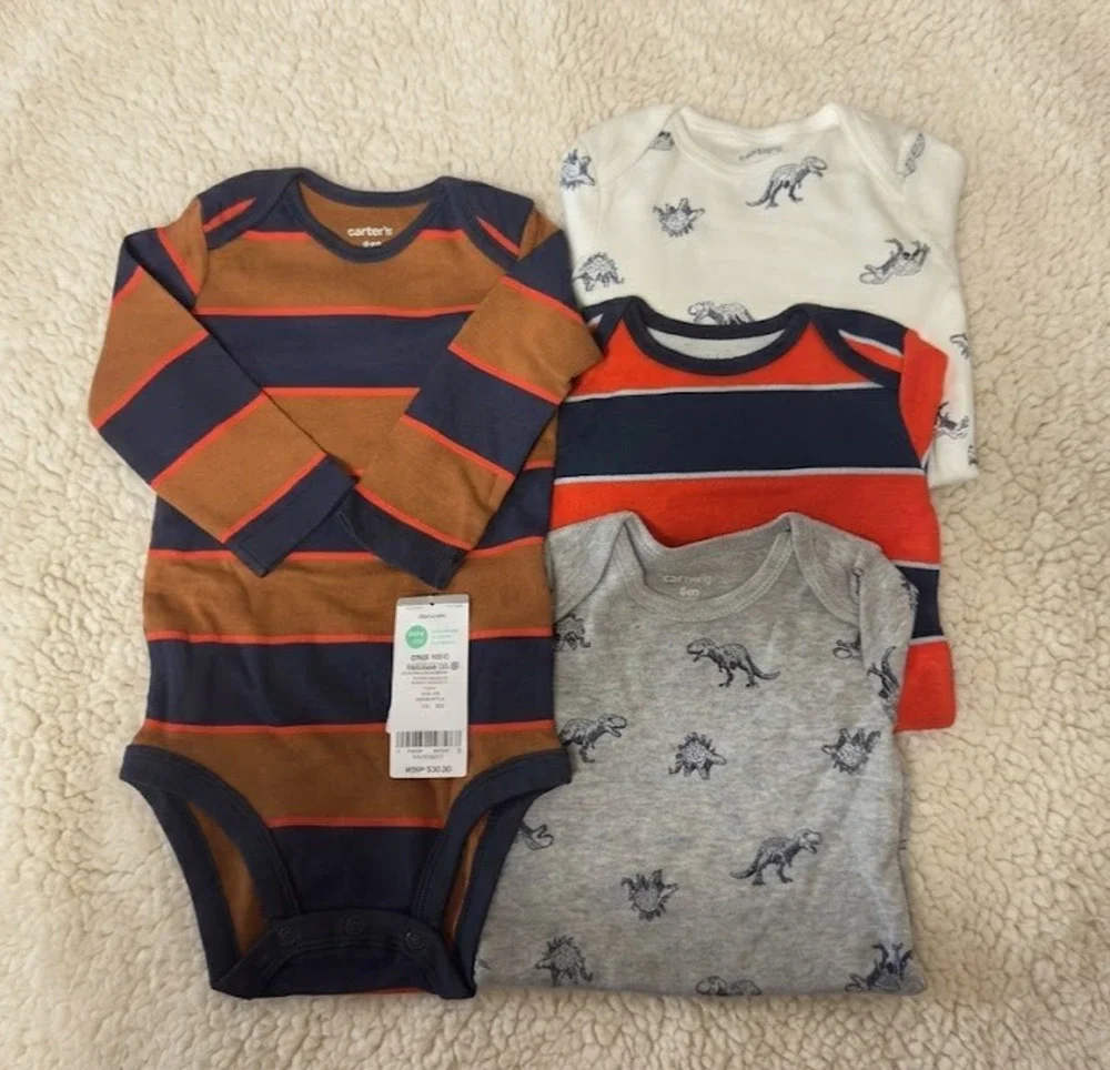 Carter's Baby Long Sleeve Bodysuits 4 pack Dino/Stripes Multi 6 Months